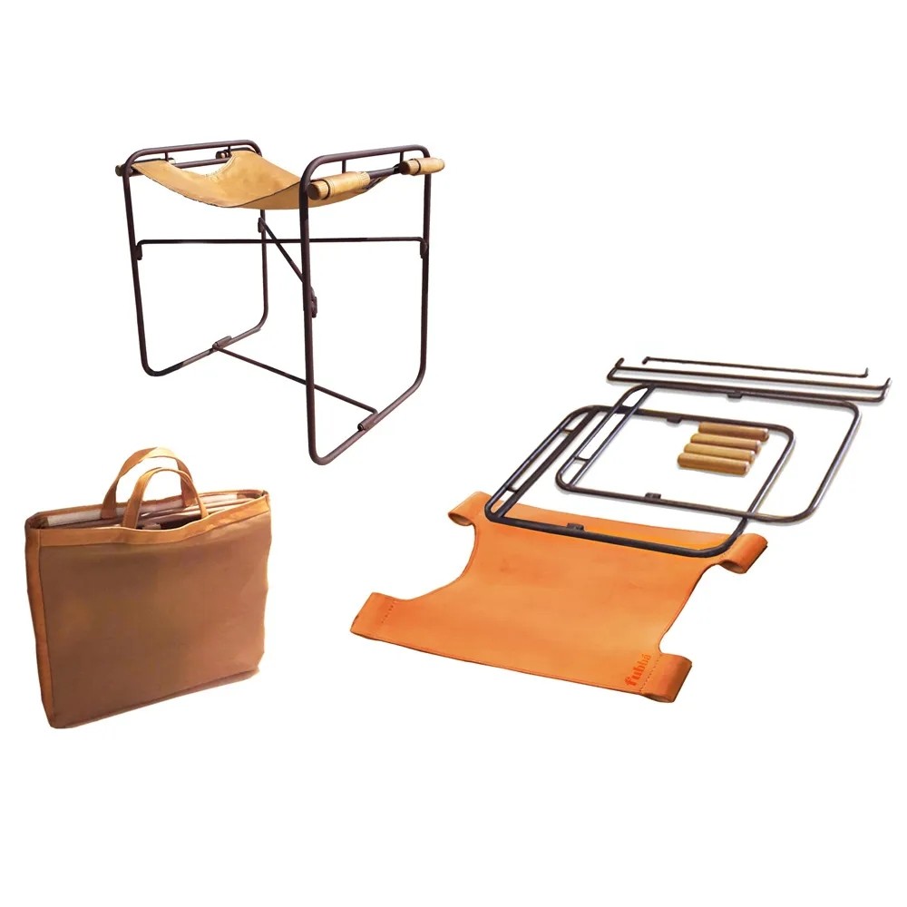 Banco Boiadeiro - Couro - Portátil - Aço Carbono - 48x38x50 - Design Autoral Brasileiro